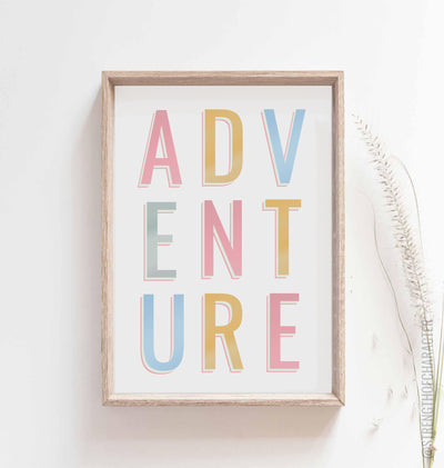White Adventure wall art print in a box frame
