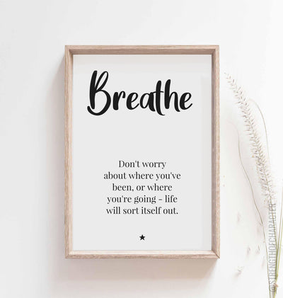 White Breathe quote print in a box frame