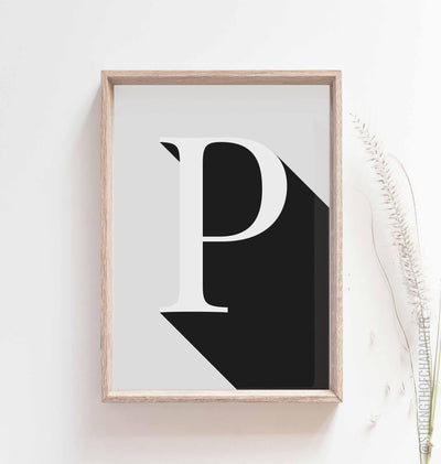 Light grey Letter p print in a box frame