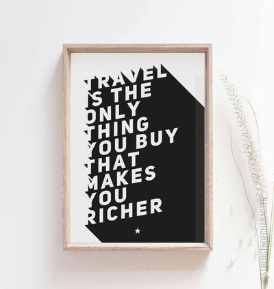 White Travel quote print in a box frame
